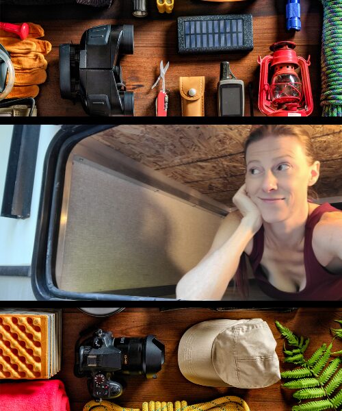 Amber climbs into her empty RV front storage hold to snap this picture. 